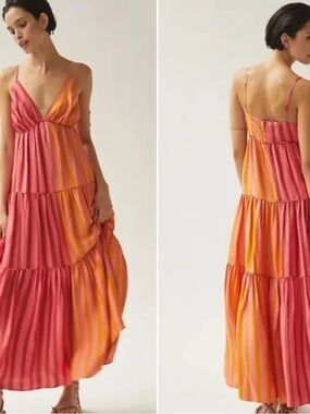 FARM Rio Pink and Yellow Striped Tiered Maxi Dress